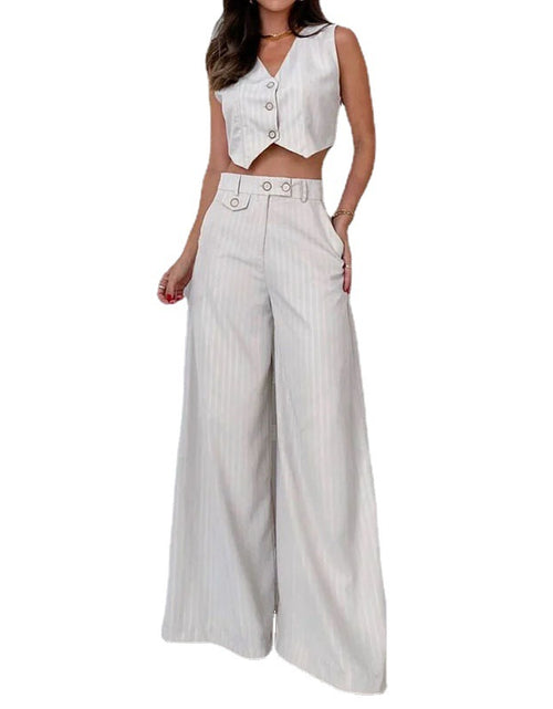 Load image into Gallery viewer, Chic Stripes: Fashion V-Neck Top and Striped High Waist Wide Leg Pants 2 pc Suit - Effortless Style for a Trendsetting Wardrobe
