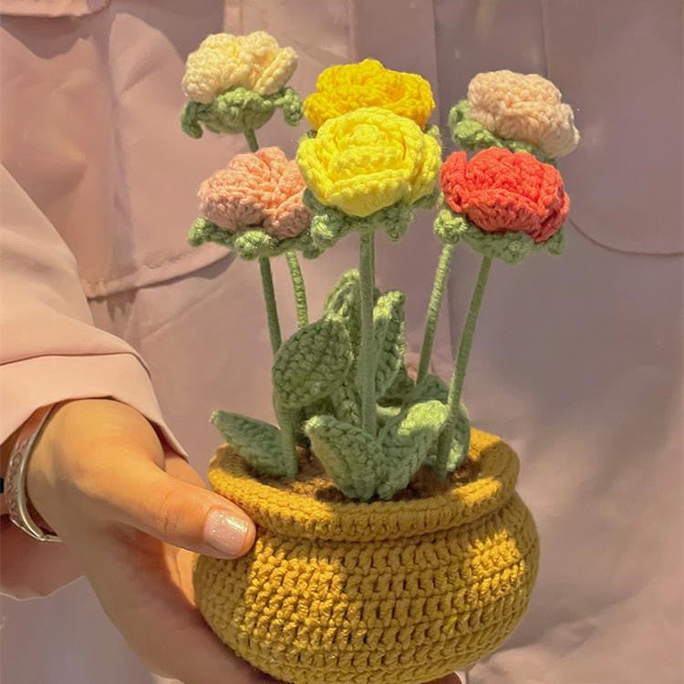 Hand Knitting DIY Tulips Small Daisy Potted Bouquet Wool Crochet Material Package Rose