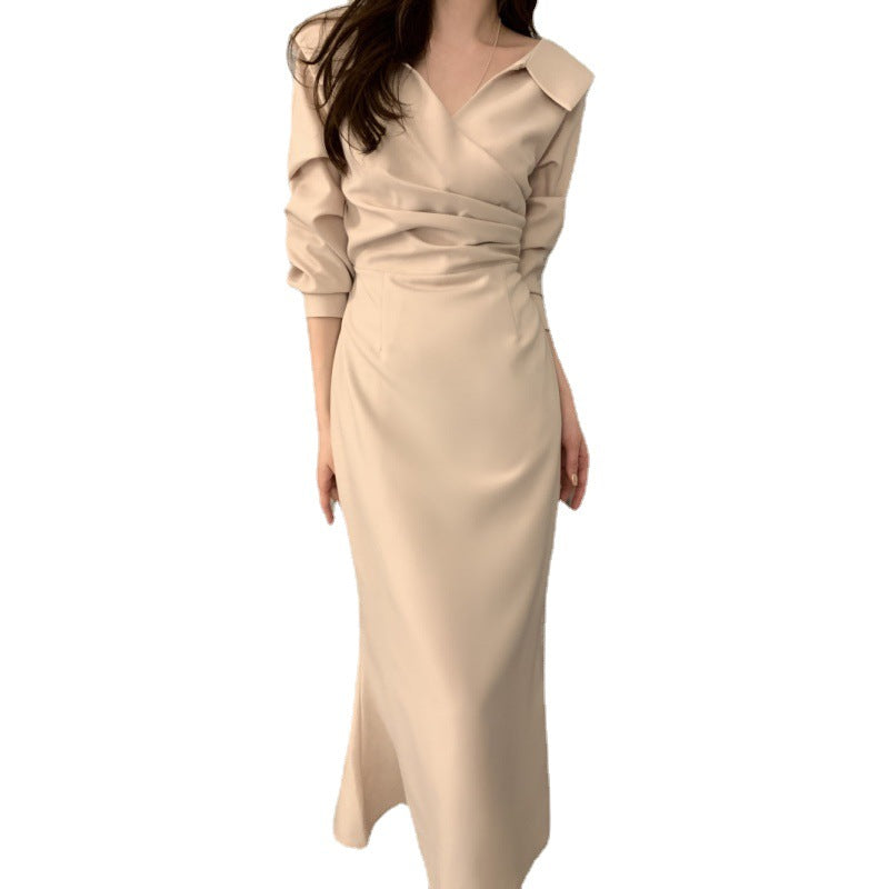 A-Line Solid Color One Size Mid Waist Long Sleeve Short Skirt Slimming Puff Sleeve Elegant Young Self-tie Dress Women