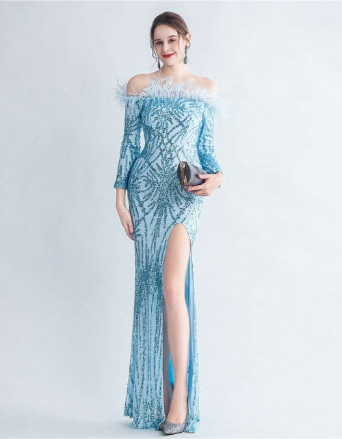 Load image into Gallery viewer, High-density Ostrich Feather Sequins Off-shoulder Long Sleeve Fishtail High-end Evening Dress Sky Blue
