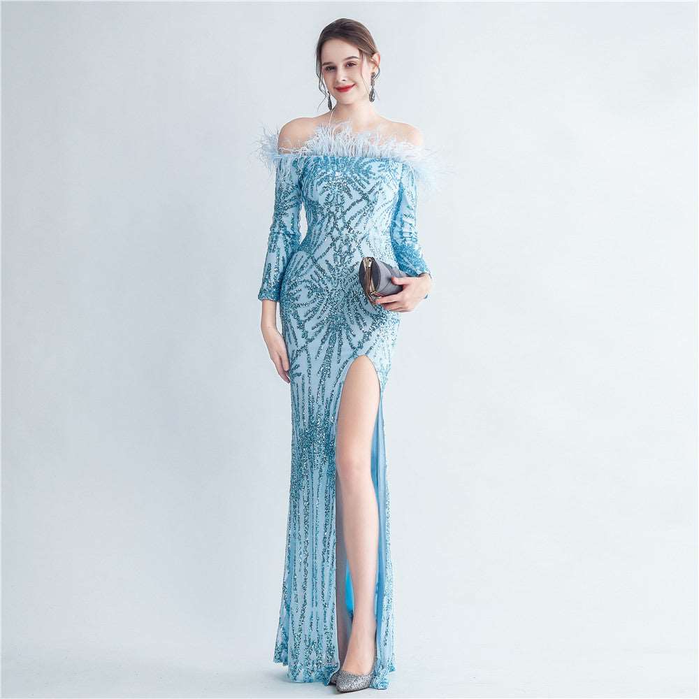 High-density Ostrich Feather Sequins Off-shoulder Long Sleeve Fishtail High-end Evening Dress Sky Blue