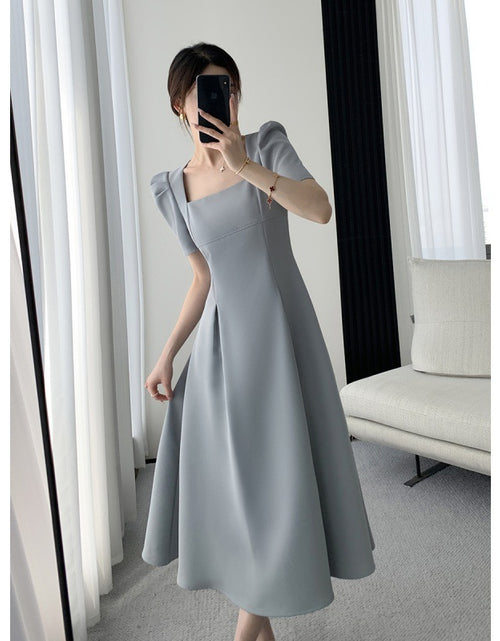 Load image into Gallery viewer, Light Blue A-Line Hight Waist Mid-Length Informal Temperament Commute Style Fashion Square-neck Cinched Slimming Puff Sleeve Dress
