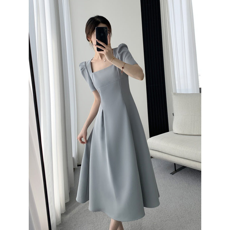 Light Blue A-Line Hight Waist Mid-Length Informal Temperament Commute Style Fashion Square-neck Cinched Slimming Puff Sleeve Dress