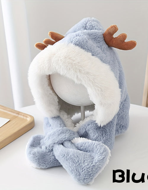 Load image into Gallery viewer, Cute Deer Hat Women Plush Rabbit Ear Funny Lolita Sweet Kawaii Winter Fluffy Fleece Warm Hat Plush Winter Thickened Cute Antlers Baby Hat With Scarf For 5-10 Y Children Blue
