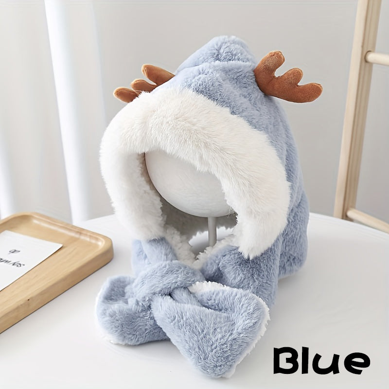 Cute Deer Hat Women Plush Rabbit Ear Funny Lolita Sweet Kawaii Winter Fluffy Fleece Warm Hat Plush Winter Thickened Cute Antlers Baby Hat With Scarf For 5-10 Y Children Blue