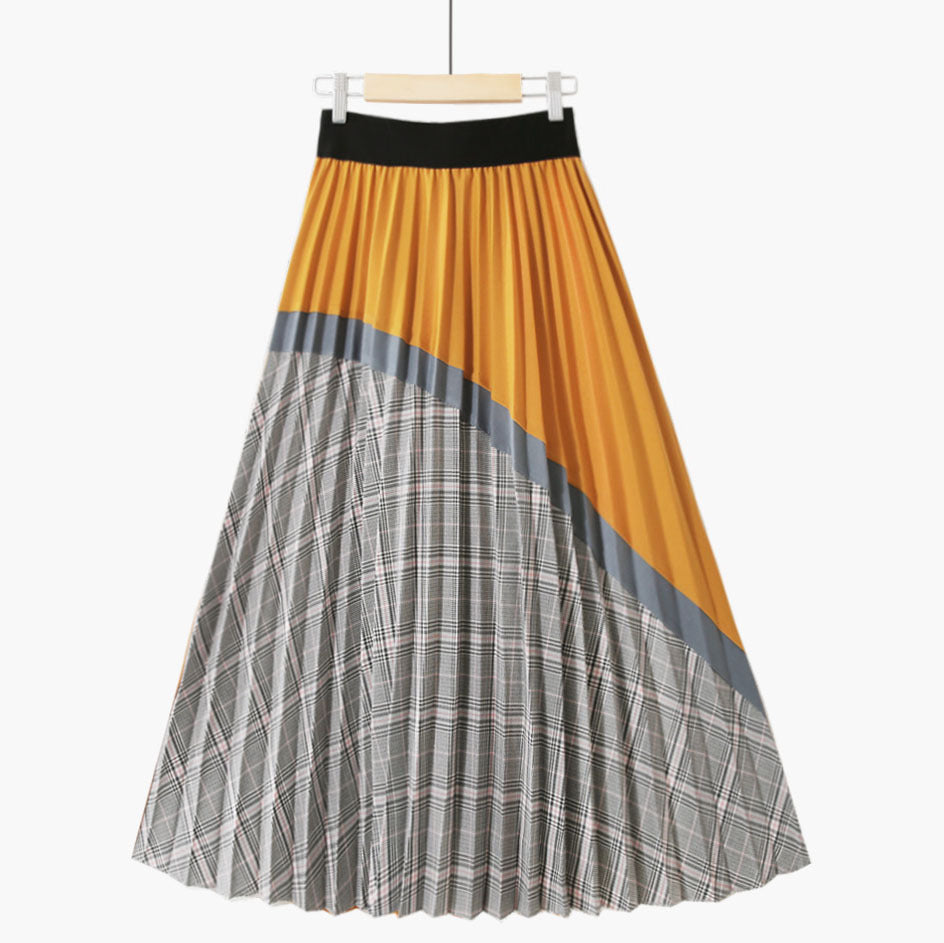 Women's Fashion Street Hipster Style Retro All-match Contrast Color High Waist Plaid Skirt Yellow Average Size