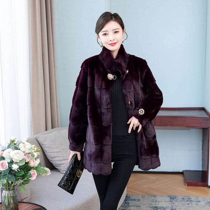 Korean Style Mid-length Mink Coat Women's Thick Coat With Fur Wine red