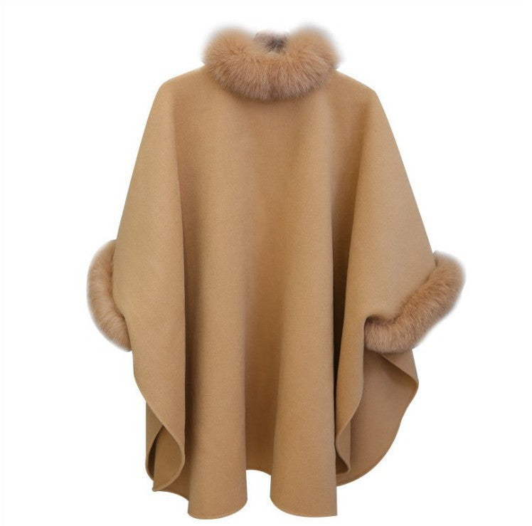 Temperament Commute Style Batwing Sleeve Fox Fur Collar Mid-length Woolen Coat