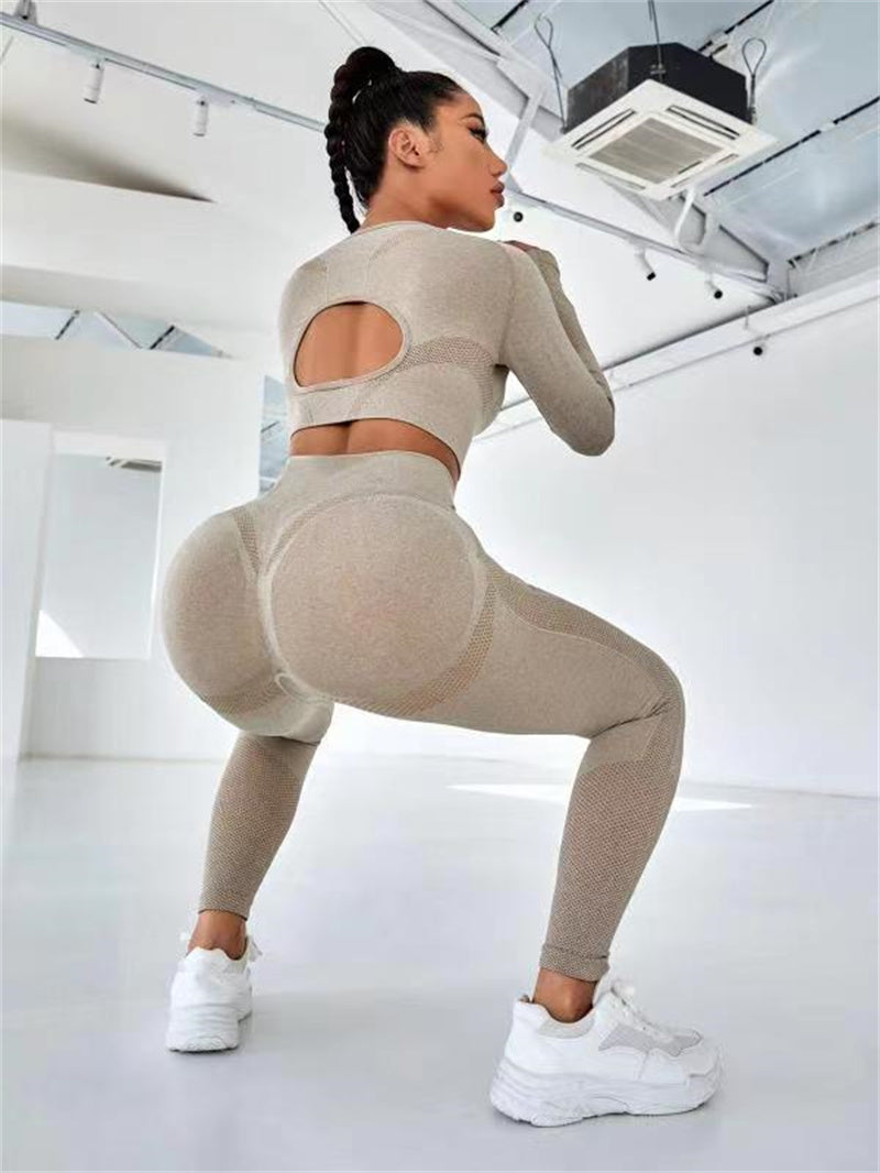 Elevate Your Workout: 2pcs Sports Suits with Long Sleeve Hollow Design Tops and Butt Lifting High Waist Seamless Fitness Leggings - Stylish Gym Sportswear Outfits Khaki