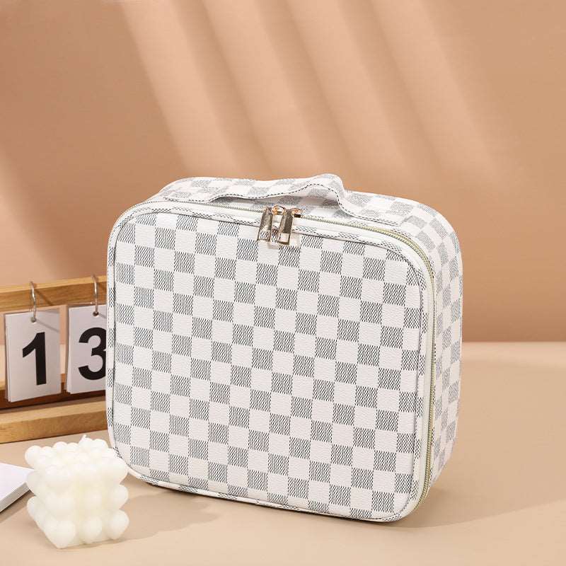 PU Chessbox Plaid Style Cosmetic Case Portable Travel Cosmetics Storage Box Manicure Box Cosmetic Case Large Capacity Beauty Toolbox White