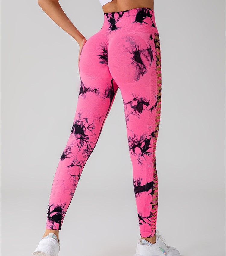 Hollow Tie Dye Printed Yoga Pants - High Waist, Butt Lift, Seamless Sports Leggings for Women - Elevate Your Gym Style! Rose Red