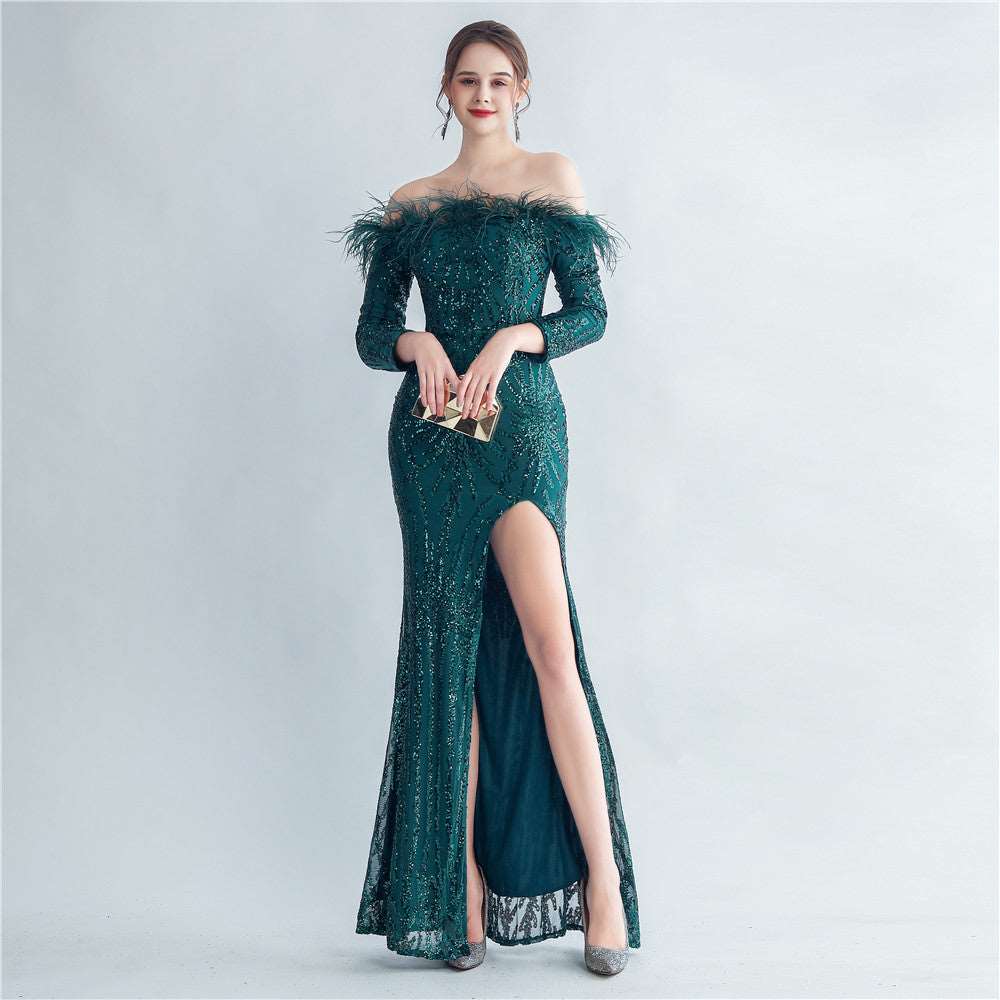 High-density Ostrich Feather Sequins Off-shoulder Long Sleeve Fishtail High-end Evening Dress blackish green