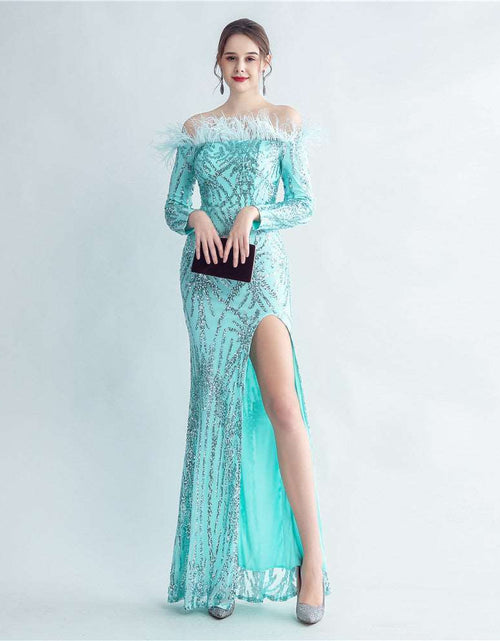 Load image into Gallery viewer, High-density Ostrich Feather Sequins Off-shoulder Long Sleeve Fishtail High-end Evening Dress Mint Green
