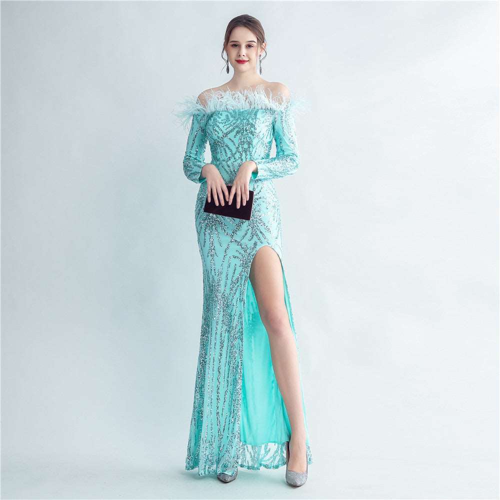 High-density Ostrich Feather Sequins Off-shoulder Long Sleeve Fishtail High-end Evening Dress Mint Green