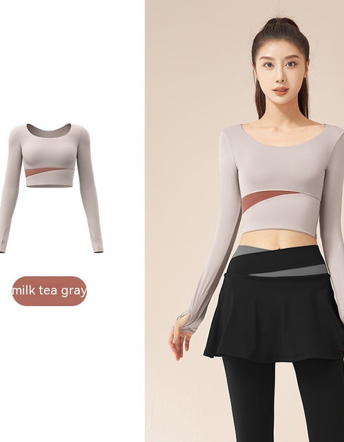 Load image into Gallery viewer, Contrast Color Fast-drying Workout Top Slim Fit Nude Feel Seamless Yoga Long Sleeve Milk Tea Gray
