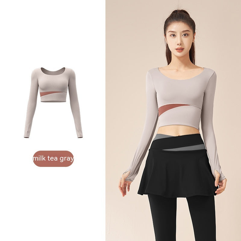 Contrast Color Fast-drying Workout Top Slim Fit Nude Feel Seamless Yoga Long Sleeve Milk Tea Gray