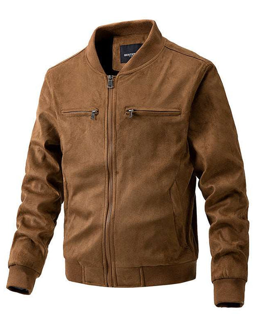 Load image into Gallery viewer, Suede Stand Collar Men&#39;s Jacket Double Zipper Pocket Brown
