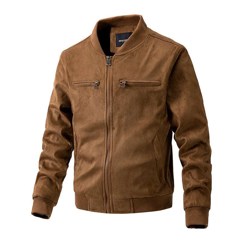 Suede Stand Collar Men's Jacket Double Zipper Pocket Brown