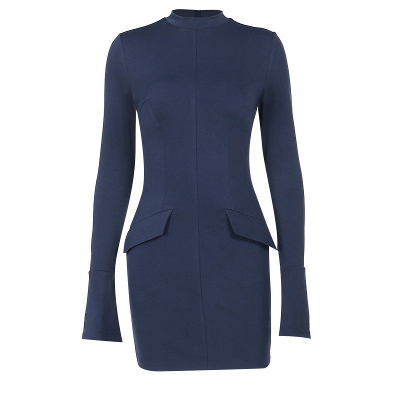 Chic Elegance: Fashion Long Sleeve Dress with Two Pockets - Slim Bodycon Hip Short Dress for Women, Effortless Style & Versatile Sophistication