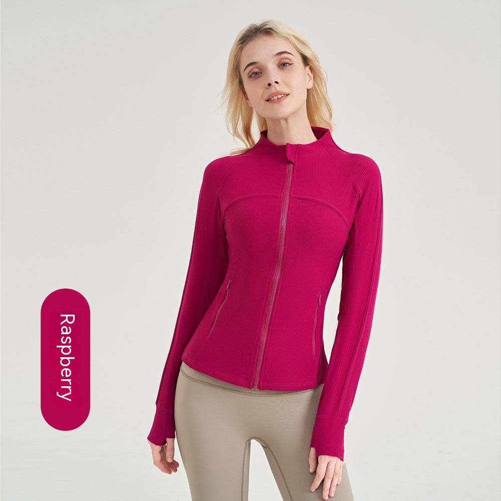 Women Yoga Fitness Jacket Vertical Thread Clothes Full Zip Slim Fitted Yoga Jacket Wild Berry