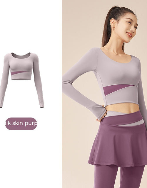 Load image into Gallery viewer, Contrast Color Fast-drying Workout Top Slim Fit Nude Feel Seamless Yoga Long Sleeve Milk Skin Purple
