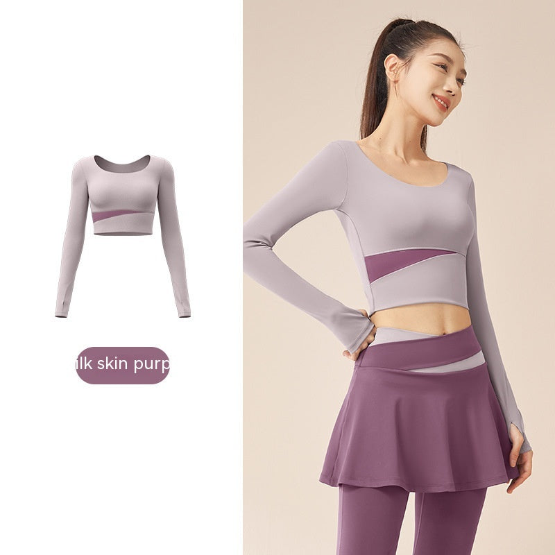 Contrast Color Fast-drying Workout Top Slim Fit Nude Feel Seamless Yoga Long Sleeve Milk Skin Purple