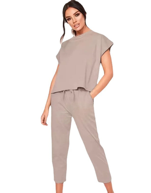 Load image into Gallery viewer, Effortless Casual Set: Short Sleeve Round Neck Top and Drawstring Cropped Pants - Simple, Basic, and Comfortable for Everyday Wear
