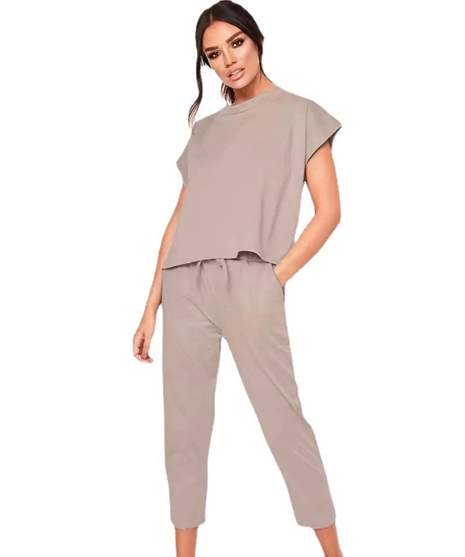 Effortless Casual Set: Short Sleeve Round Neck Top and Drawstring Cropped Pants - Simple, Basic, and Comfortable for Everyday Wear