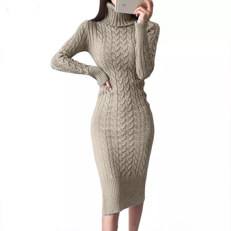 Slim-fit Plain Color Sweet Style Mid-length Bag Hip Bottoming Skirt Slim-fit Knit Dress Khaki