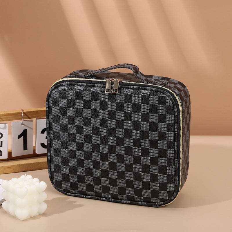 PU Chessbox Plaid Style Cosmetic Case Portable Travel Cosmetics Storage Box Manicure Box Cosmetic Case Large Capacity Beauty Toolbox Black