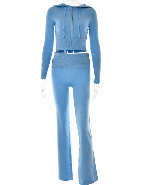 Load image into Gallery viewer, Leisure Chic: Hoodie Knitting Suit with Sexy Zip Long Sleeve Sweater and High Waist Long Pants Set for Women - Trendy Comfort in Every Detail Blue suit
