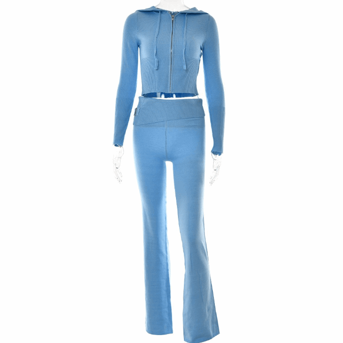 Leisure Chic: Hoodie Knitting Suit with Sexy Zip Long Sleeve Sweater and High Waist Long Pants Set for Women - Trendy Comfort in Every Detail Blue suit