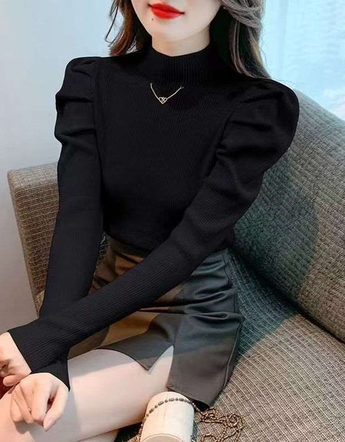 Load image into Gallery viewer, Art retro Silk Fiber Solid Plain Color Pullover Fashion Slim Style Puff Sleeve Sweater Half Turtleneck Slim Fit Black
