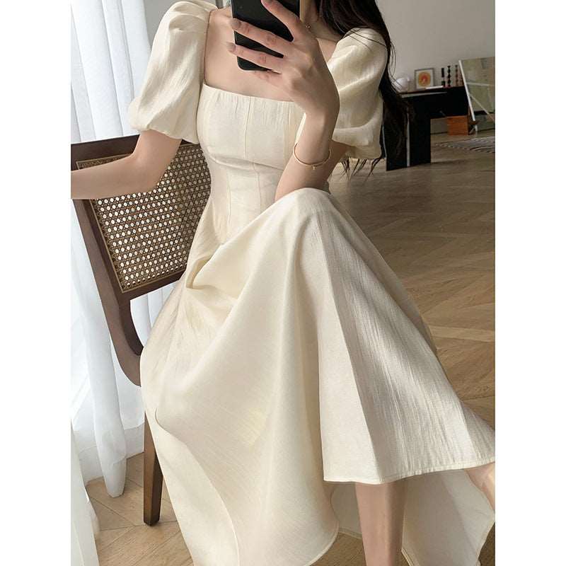 Square Collar French Tea Break High Waist-tight Puff Sleeve Gentle Sweet, Fresh, Princess Style Solid Beige Color Long Dress