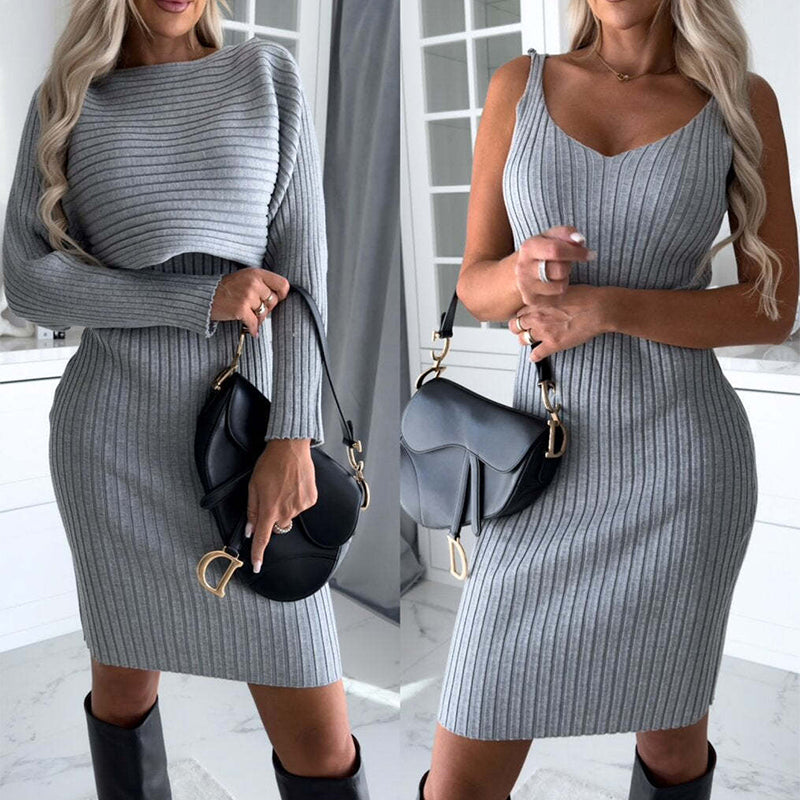 Unique design, stylish and beautiful casual style 2pcs Suit Women's Solid Stripe Long-sleeved Top And Tight Suspender Mid Length Skirt Fashion Autumn Winter Slim Clothing