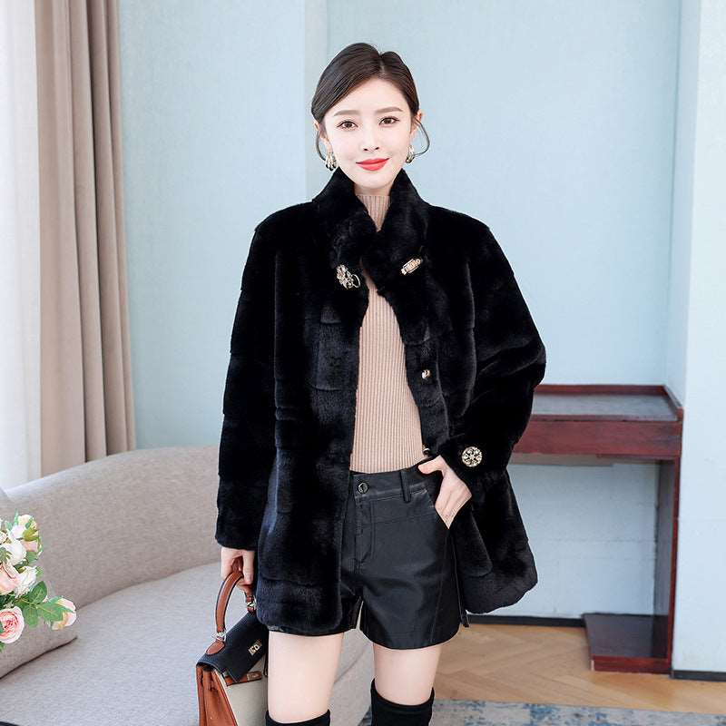 Korean Style Mid-length Mink Coat Women's Thick Coat With Fur Black