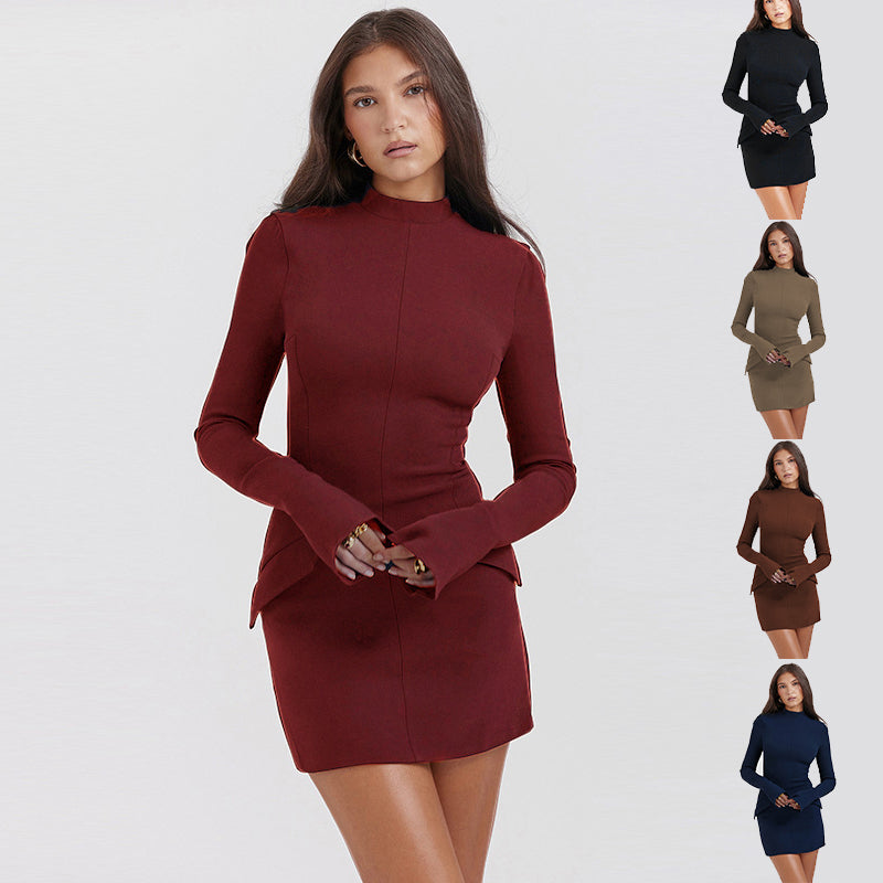 Chic Elegance: Fashion Long Sleeve Dress with Two Pockets - Slim Bodycon Hip Short Dress for Women, Effortless Style & Versatile Sophistication