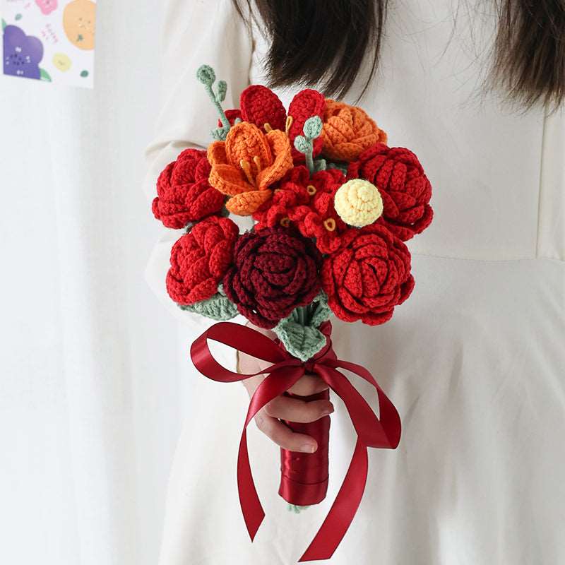 Handmade Woolen Knitting Hand Bouquet Flower Red