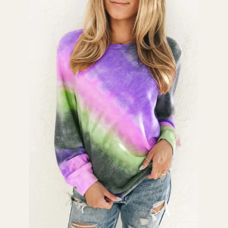 Radiant Vibes: Fashion Tie Dye Rainbow Casual Long Sleeve T-shirt for Women