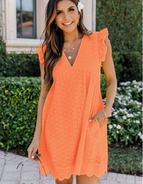 Load image into Gallery viewer, Elevate Your Summer Style: Sleeveless Lace Beach Dress with Jacquard Cutout, V-Neck, and Convenient Pockets Orange
