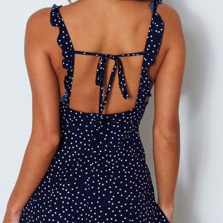 Chic Summer Vibes: Polka-dot Strappy Dress - Women's Fashion Beach Sundress with V-neck, Sleeveless Design, and Princess Cut Short Skirt