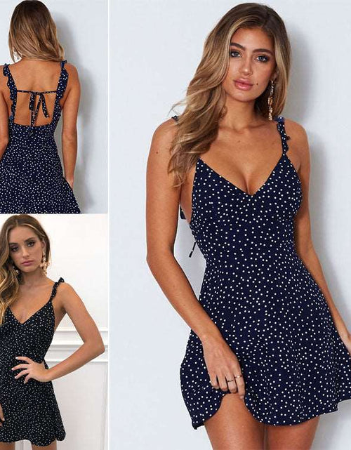 Load image into Gallery viewer, Chic Summer Vibes: Polka-dot Strappy Dress - Women&#39;s Fashion Beach Sundress with V-neck, Sleeveless Design, and Princess Cut Short Skirt
