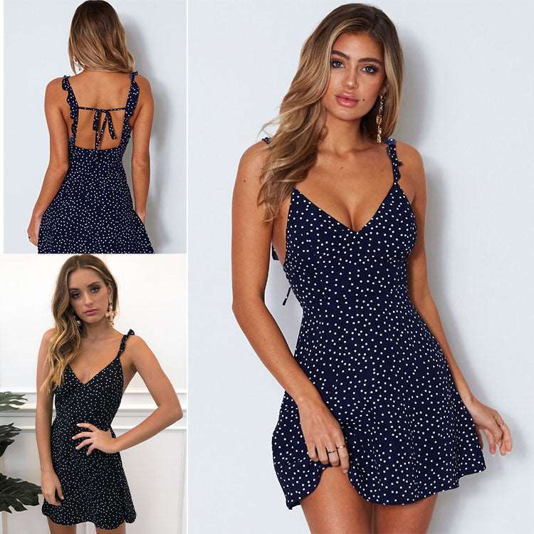 Chic Summer Vibes: Polka-dot Strappy Dress - Women's Fashion Beach Sundress with V-neck, Sleeveless Design, and Princess Cut Short Skirt