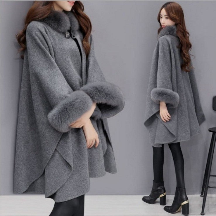 Temperament Commute Style Batwing Sleeve Fox Fur Collar Mid-length Woolen Coat Gray