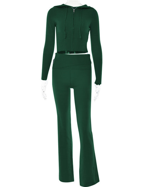 Load image into Gallery viewer, Leisure Chic: Hoodie Knitting Suit with Sexy Zip Long Sleeve Sweater and High Waist Long Pants Set for Women - Trendy Comfort in Every Detail Green suit
