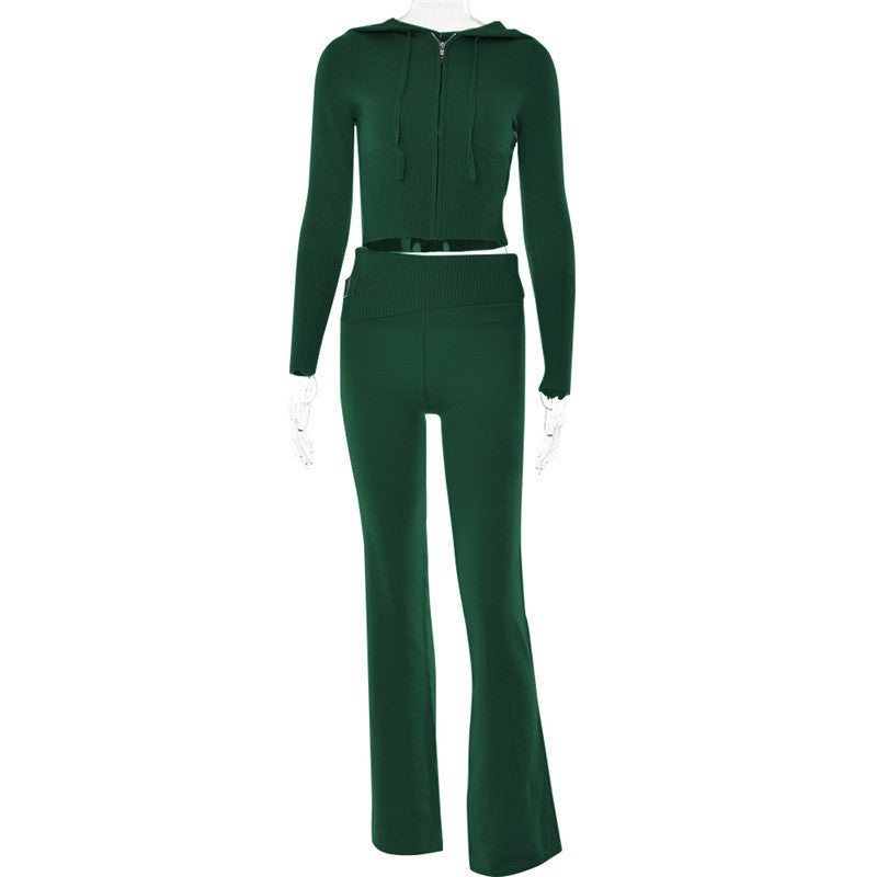 Leisure Chic: Hoodie Knitting Suit with Sexy Zip Long Sleeve Sweater and High Waist Long Pants Set for Women - Trendy Comfort in Every Detail Green suit