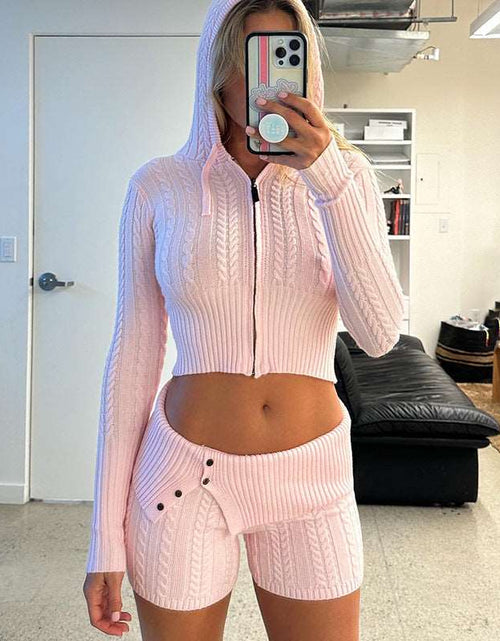 Load image into Gallery viewer, Casual Comfort: Sweater Knitted Hooded Top and Shorts Long Sleeve Two-piece Set - Attractive, Relax in Style for Effortless Chic
