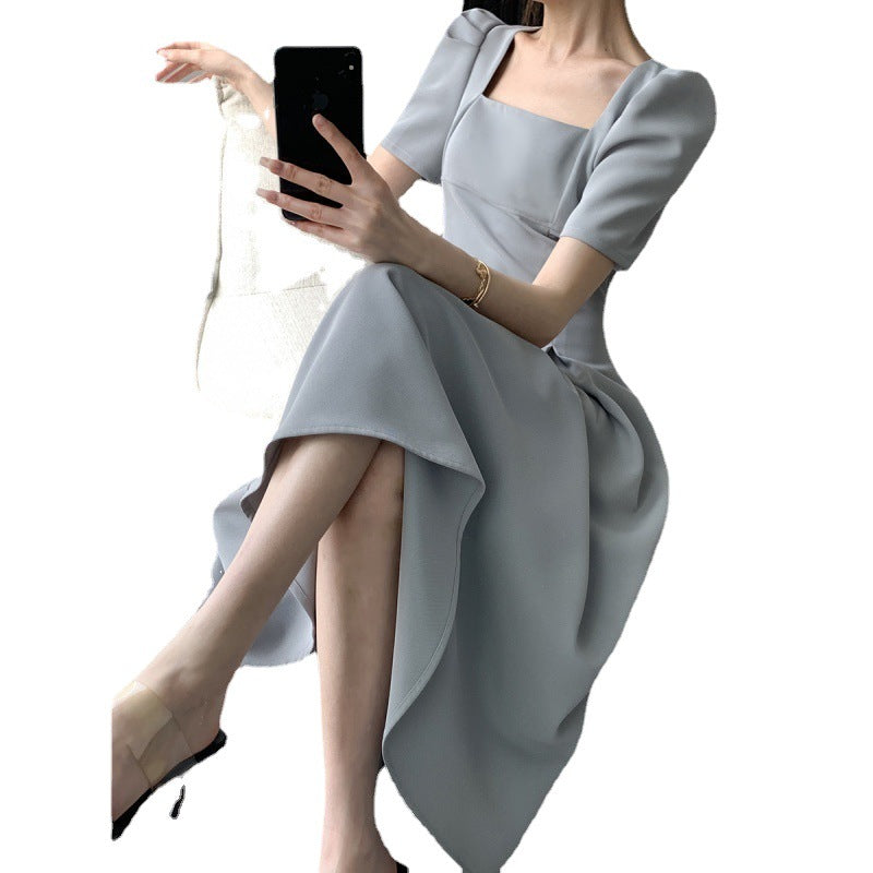 Light Blue A-Line Hight Waist Mid-Length Informal Temperament Commute Style Fashion Square-neck Cinched Slimming Puff Sleeve Dress