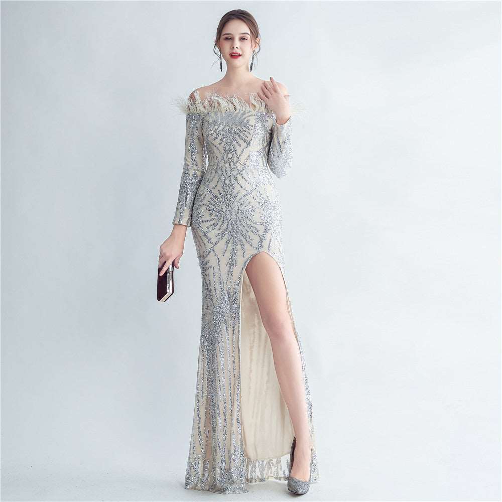 High-density Ostrich Feather Sequins Off-shoulder Long Sleeve Fishtail High-end Evening Dress Apricot Silver