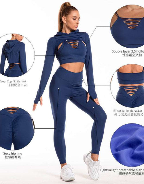 Load image into Gallery viewer, Ultimate Fitness Trio: 3pcs Sports Suits with Long Sleeve Hooded Top, Hollow Design Camisole, and Butt Lifting High Waist Seamless Fitness Leggings - Gym-Ready Outfits
